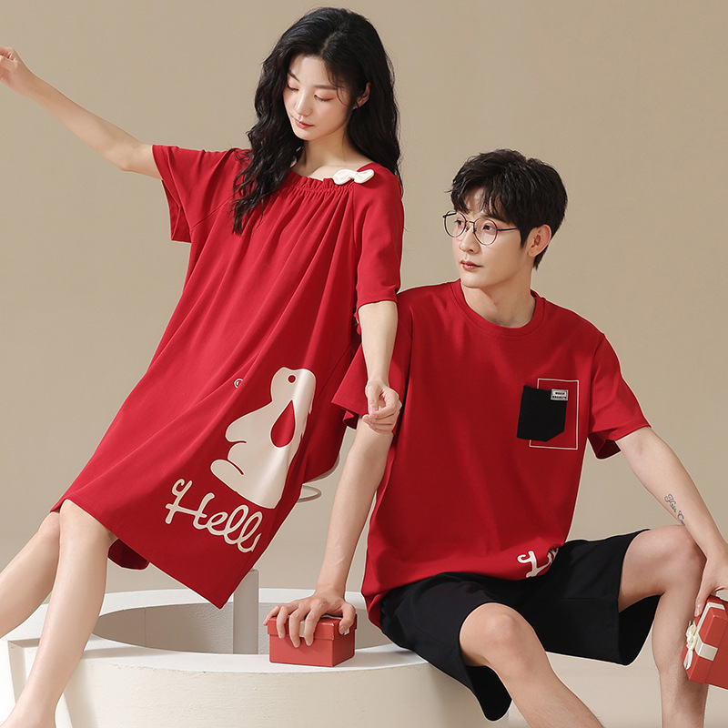 Couple Pajamas Men's Suit Women's Skirt Summer Outer Wearing New Cotton Short Sleeve Summer Thin Home Clothes Suit