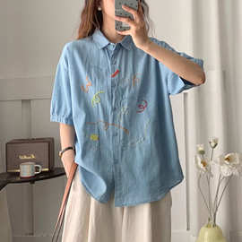日系复古文艺薄牛仔短袖衬衫女夏季趣味刺绣设计感宽松百搭衬衣