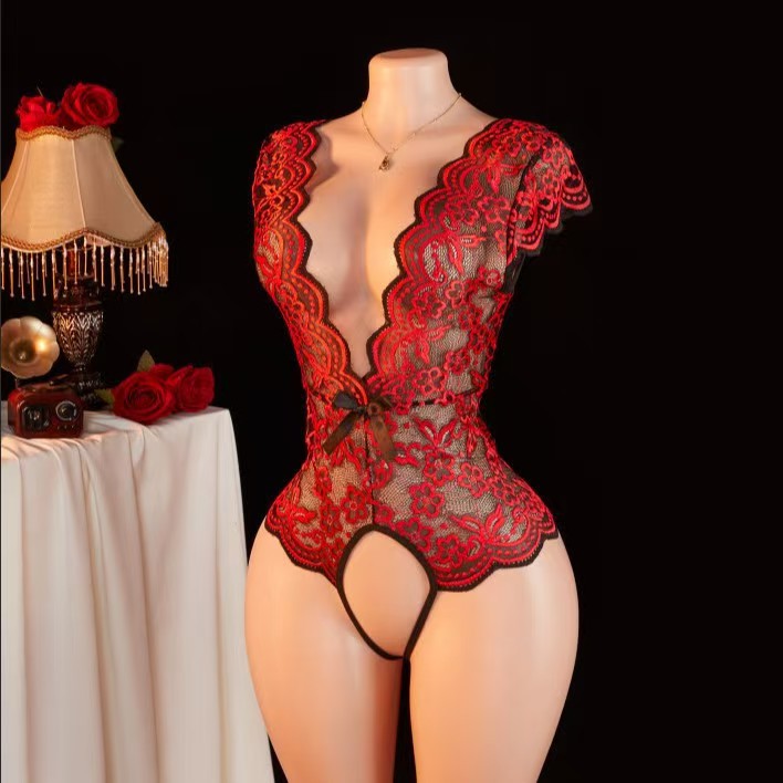 Боди кружевное Dancing Night Cat бордово-черное, XL