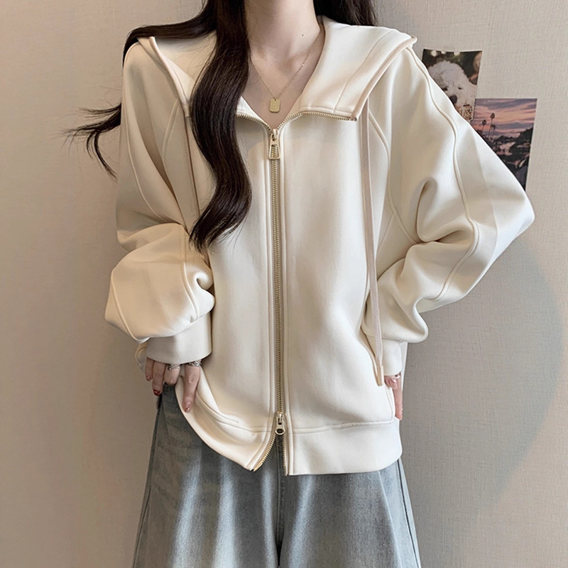 大码美式连帽卫衣外套女秋款胖mm宽松遮肚子双拉链开衫短款上衣|undefined
