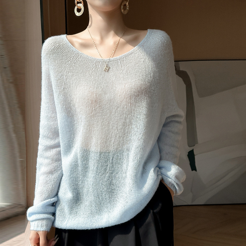 Soft and Skin-Friendly Seamless Cashmere Women's Tencel Thin Round Neck Loose Casual Sweater Wool Knit Base Shirt