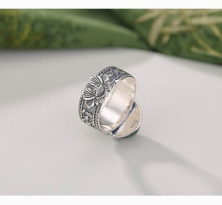 Nhẫn bạc S925 đính ngọc Hetian Jasper hình Pixiu phong cách Trung Hoa retro, hoa sen mở điều chỉnh — một mảnh chi tiết 3