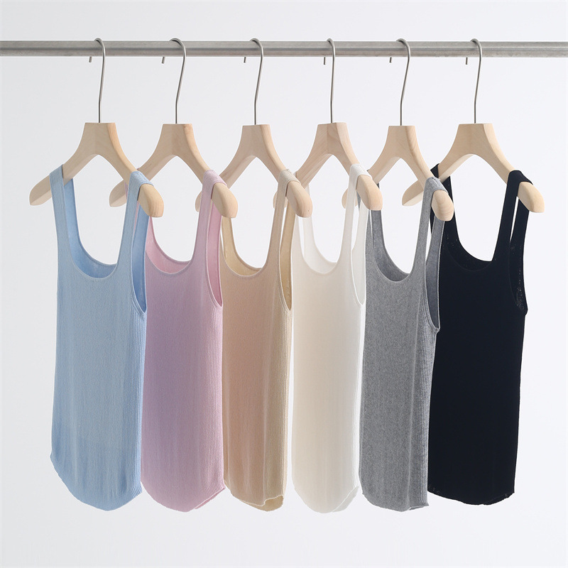 Summer New Style Glitter Tencel Square Round Neck Knitted Vest Thin Hem Arc Pullover Sleeveless Top 32193
