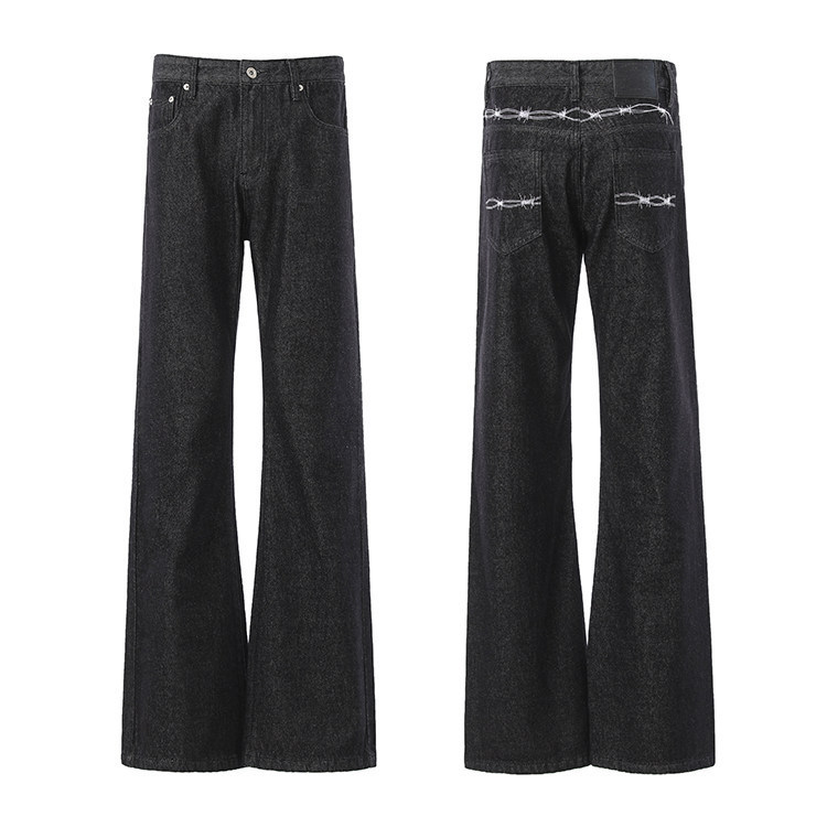 Black Thorn Embroidery Raw Denim Jeans for Men, Straight Loose Fit, American High Street Style, Trendy Brand, Cool and Stylish, Slightly Flared Long Pants