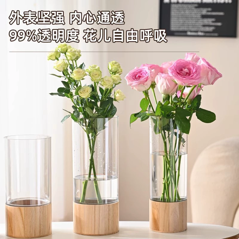 Акриловая квадратная с деревянной подставкой Настольная ваза минималистичная против падения