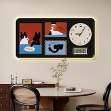 中古风卡通老虎万年历电子时钟发光餐厅装饰画复古客厅钟表画挂画