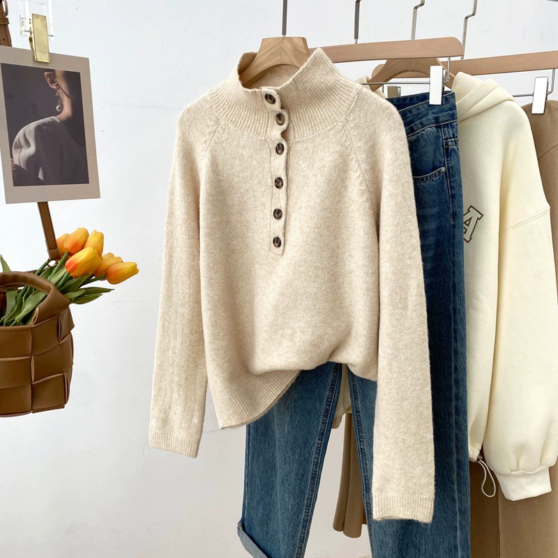 24 осенние и зимние новые корейские толстые свитера женские клейкие рисовые бархатные иголки с высоким воротником и наполовину открытой грудью ретро пуговицы свитер 0821