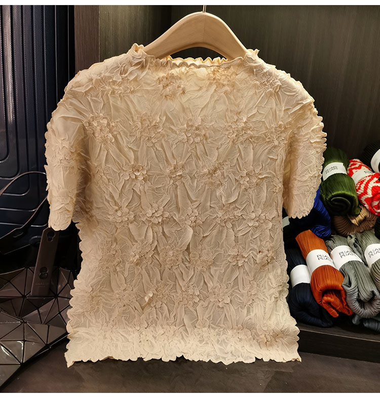Áo thun nữ tay ngắn cổ tròn chất liệu cotton dập nổi hoa văn nổi cao cấp — Màu đen, Màu đào, Màu trắng, Màu xám chi tiết 12