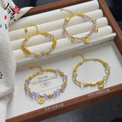 新中式古法沙金紫水晶盘缠手链千金感金色拉丝猫眼珠女款叠戴手串