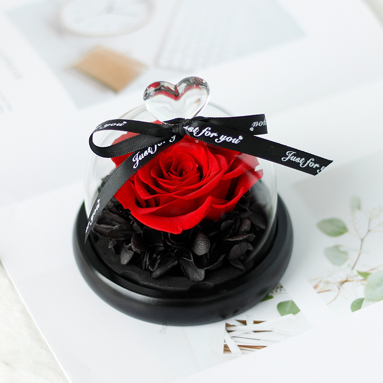 Regalo para el Día de la Madre, flor eterna, pequeña rosa en forma de corazón, cúpula de cristal, caja de regalo, adorno de flor eterna terminado en Yunnan