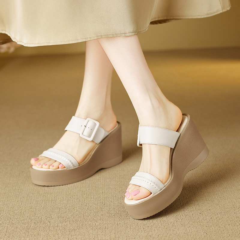 Sandal cao gót nữ hở mũi đế xuồng da bò quai một chữ thắt nút — màu trắng ngà