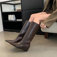 新款时尖头粗跟骑士靴女高筒坡跟不过膝显瘦直筒靴宽筒长靴橡胶底