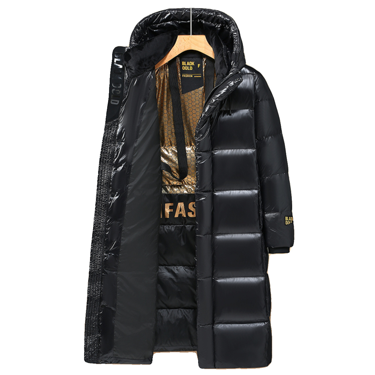 ダウンジャケット男女2024年冬の新モデルの中で、膝を越えてゆったりとした薄いカップルの黒金コート男