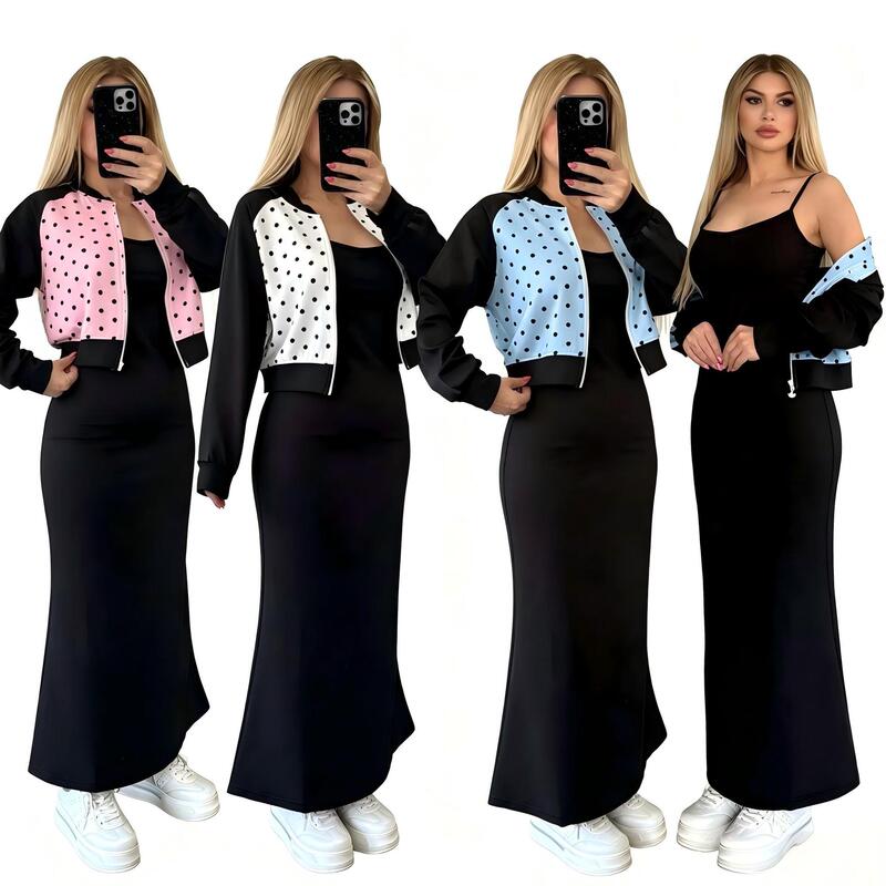 Polka dot zipper short jacket + black spaghetti strap fishtail long dress, a slimming and figure-enhancing two-piece set, J5353 Polka dot zipper short jacket + black spaghetti strap fishtail long dress, a slimming and figure-enhancing two-piece set, J5353