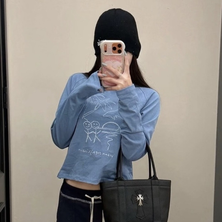 High-quality stick figure and coconut tree print long-sleeved T-shirt, blue slim-fit base layer, Korean style casual slimming top for women.