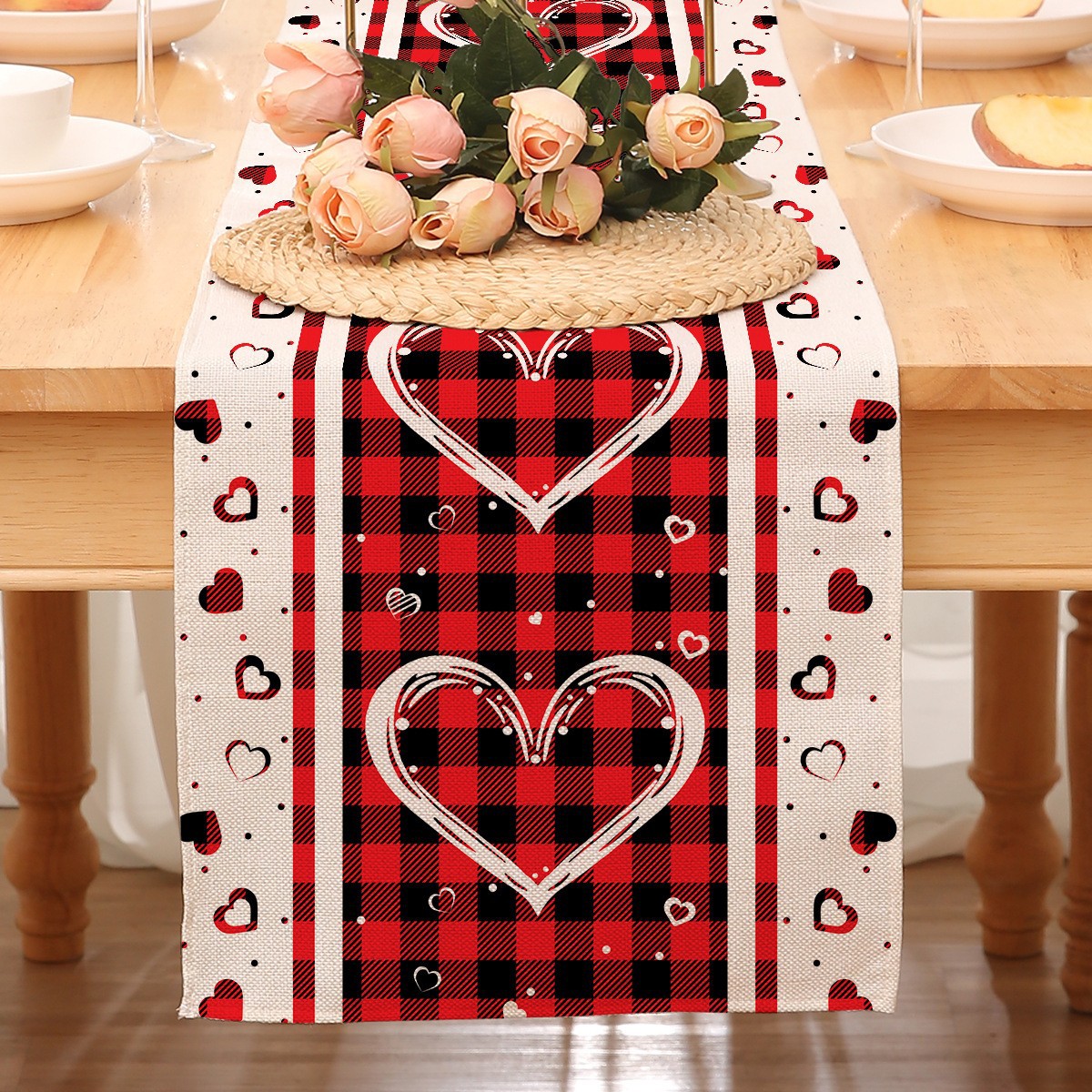 Camino de mesa temático de San Valentín para decoración transfronteriza, mantel rojo estampado de Amazon, decoración de restaurante, estilo nórdico, decoración del hogar, tira larga
