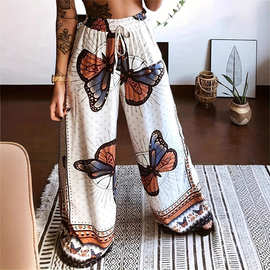 2025欧美新款夏季跨境亚马逊欧美女装蝴蝶印花宽松阔腿裤