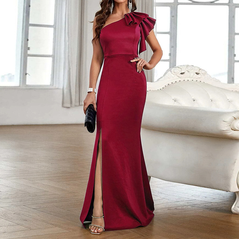 Women's Clothing one shoulder ruffled slit fishtail hem prom bridesmaid dress banquet wedding engagement dress_autovado.com
