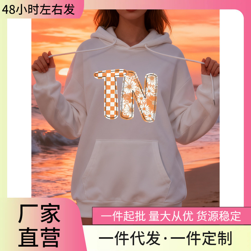 Women's Tennessee Cheongsam Sweatshirt - Light Brown with Orange Plaid Design with Tn Letters, Long Sleeve Round