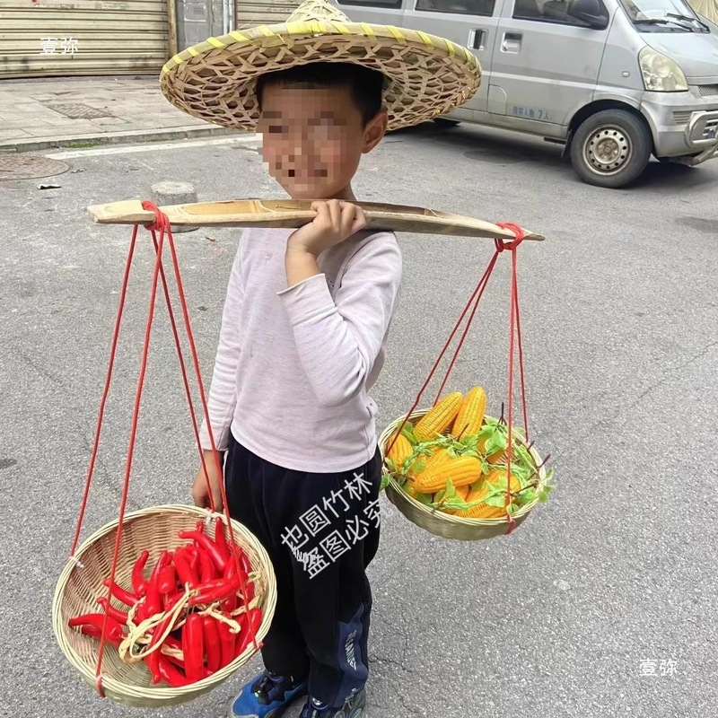 幼儿园小扁担道具孩子表演节目竹筐箩筐儿童竹制玩具游戏扁担|undefined