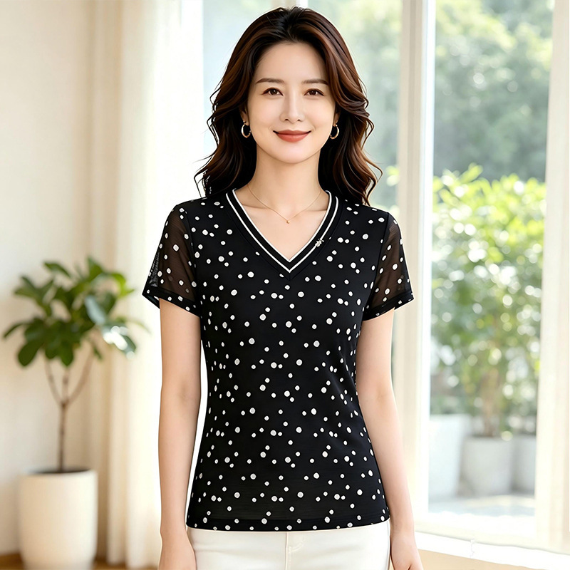 Summer V-Neck Polka Dot Print Stylish T-Shirt, Slim-Fit Short-Sleeve Women's Top, Mesh Base Shirt