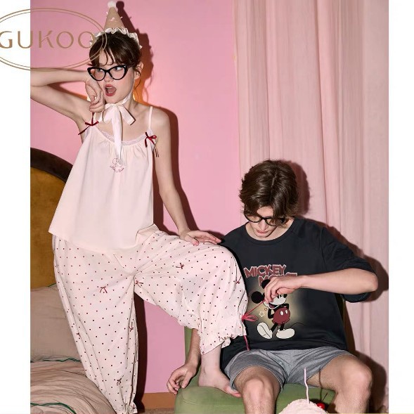 Fruit Shell Same Style Pajamas Couple Summer Sling Lace Trim Pants suit New Pure Cotton Men's Home Clothes suit