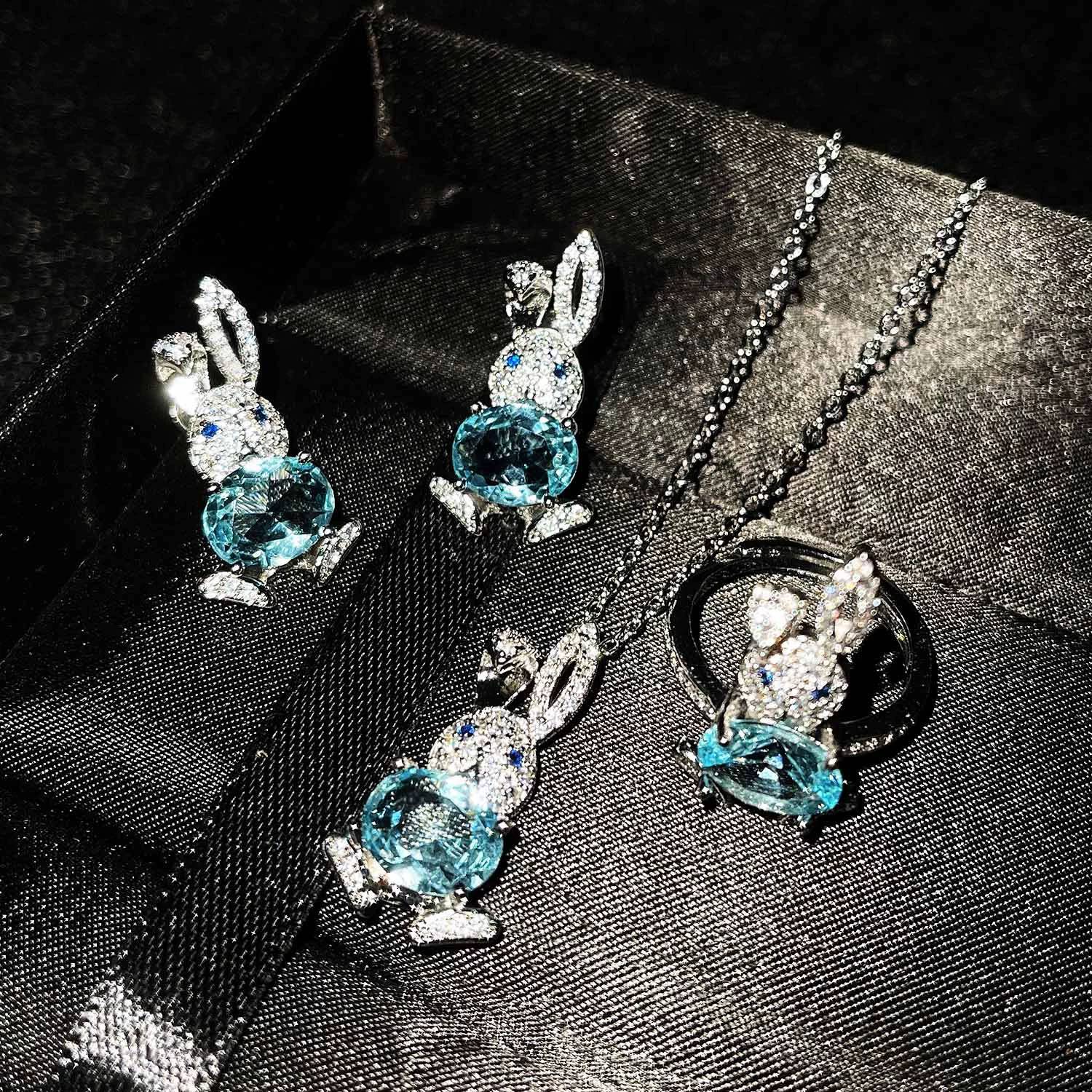 Organic earrings, cute pendant, rabbit, ring, micro incrustation, diamond encrusted