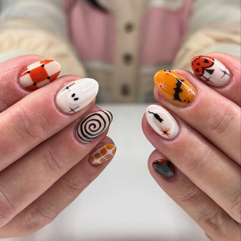 Halloween Wearable Manicure: Pumpkin, Ghost, Swirl, Checkerboard, New Fake Nails, Bat, Spider Web, Oval Nail Tips Halloween Wearable Manicure: Pumpkin, Ghost, Swirl, Checkerboard, New Fake Nails, Bat, Spider Web, Oval Nail Tips