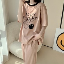 夏季睡衣女简约潮流ins风樱桃短袖女家居服 pink weo正品