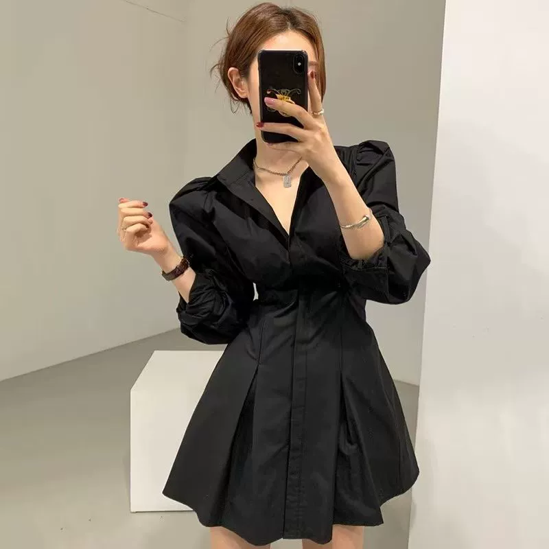 Корейское шикарное весеннее простое однобортное плиссированное платье-рубашка с лацканами на талии для женщин GZ1171