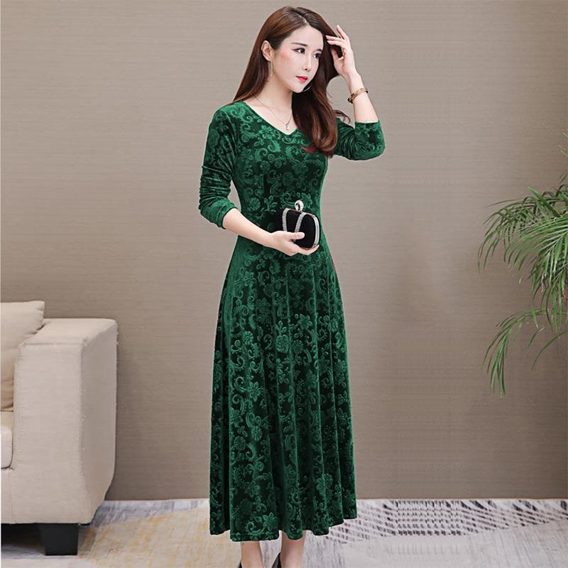 Spot 2024 Spring & Fall New Slim Fit Large Hem Skirt Plus Size Women's Gold Velvet Long-Sleeved Dress Long Style