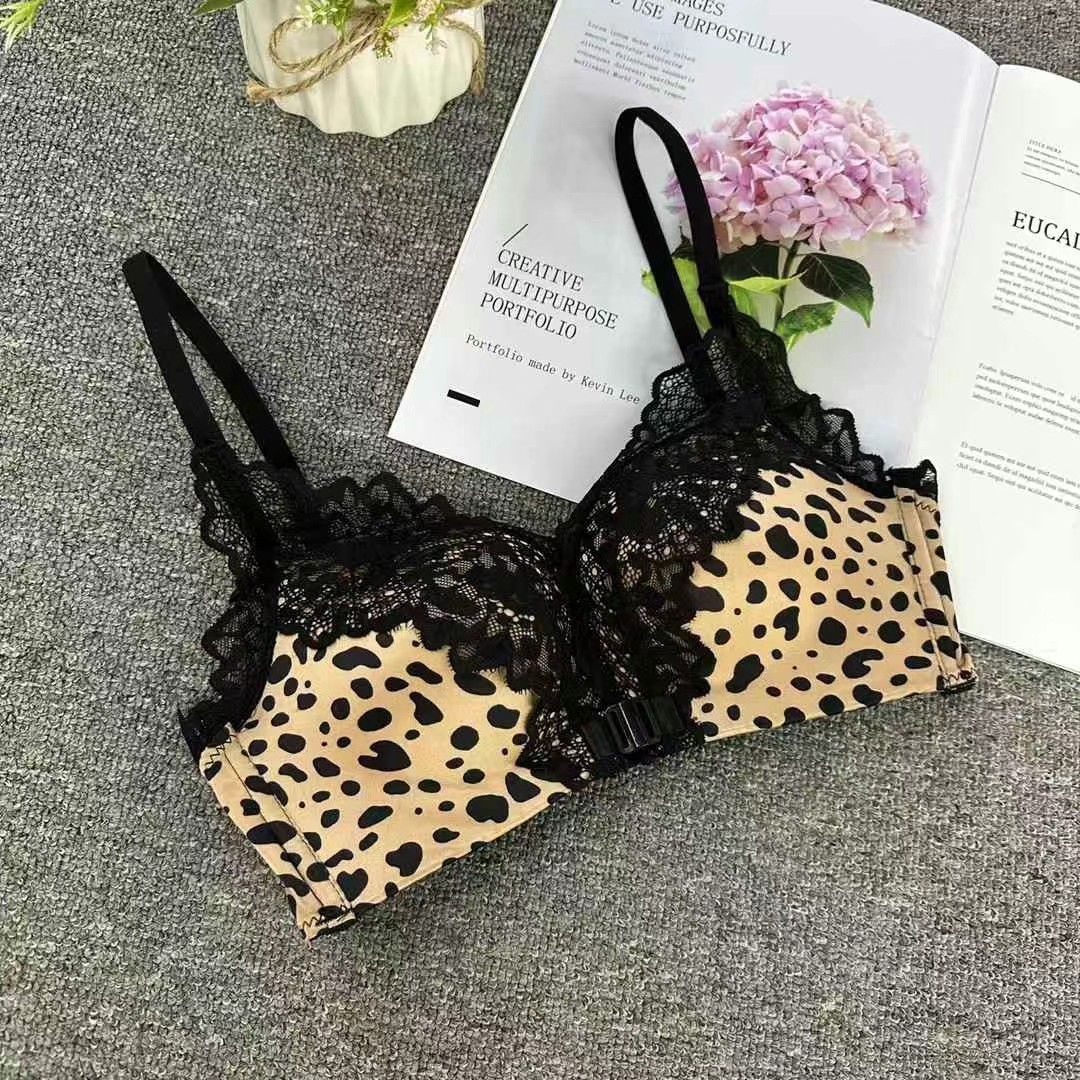 Inventario de ropa interior sexy con hebilla frontal con estampado de leopardo reunido, gran soporte superior, anti-flacidez, sujetador de mujer de encaje sin anillo de acero 6060 #