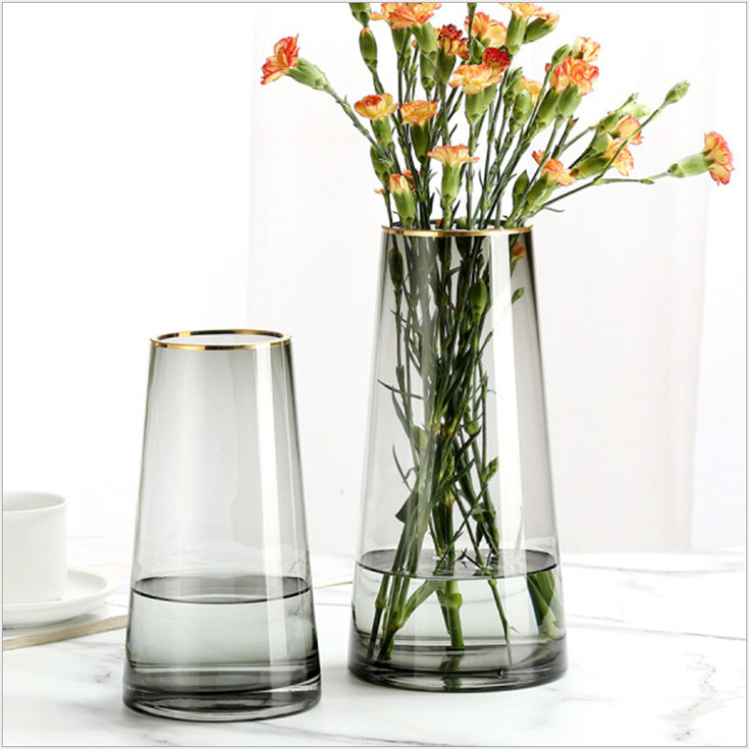 歐式簡約金邊玻璃花瓶 描金T型擺件客廳家居水培插花透明裝飾花瓶