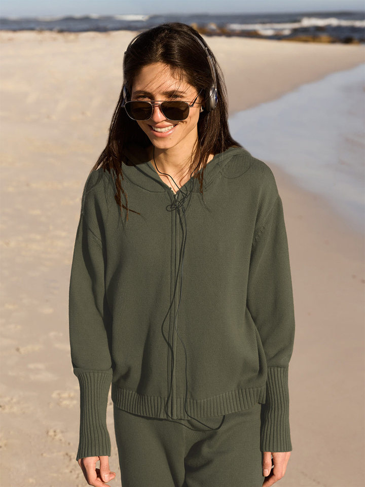 Bộ áo cardigan dệt kim có mũ khóa kéo dáng rộng kèm quần ống ôm cotton — Màu cà phê, Màu trắng, Màu xanh dương, Xanh lá cây chi tiết 30