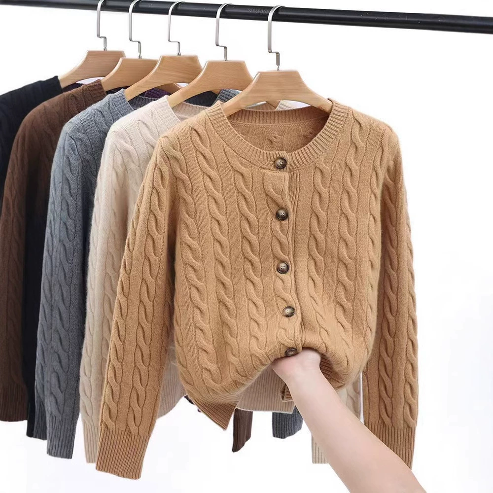 Шерстяной кардиган 100 женский осенний и зимний новый свитер с круглым вырезом