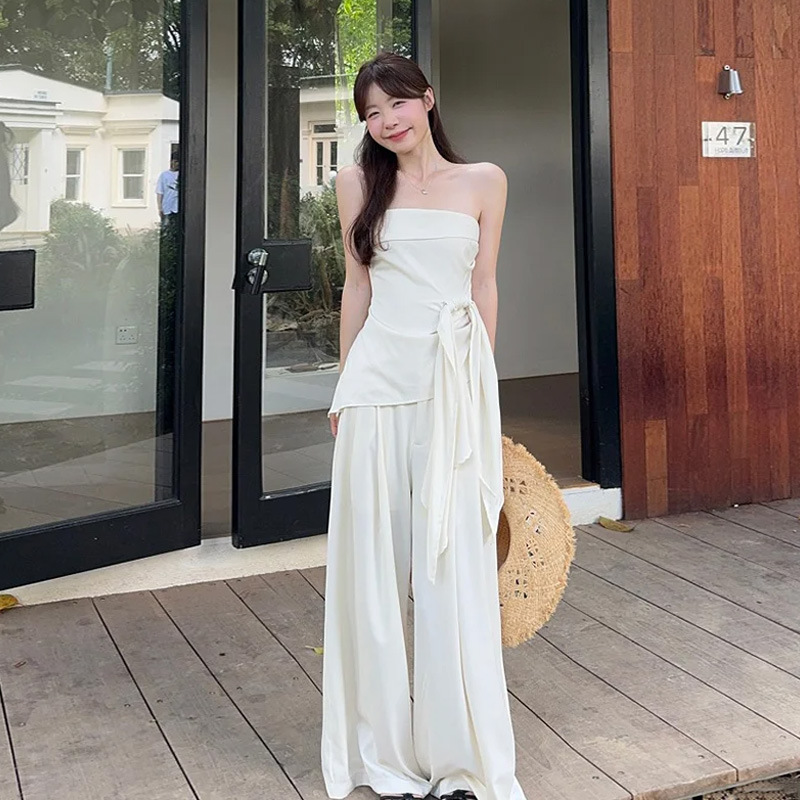 高级感不规则绑带收腰无袖抹胸背心女夏季新款高腰显瘦阔腿裤套装|undefined