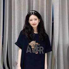 美国复古小熊印花短袖白色t恤女夏季新款设计感中长款T恤女上衣潮