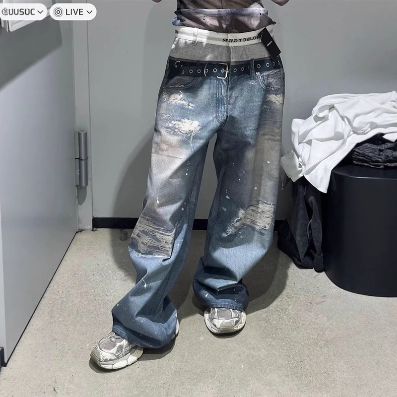 Grailz Project Vibe Underwear Double Waist 3D Digital Printing Destroyed Distressed Straight Wide Leg Jeans