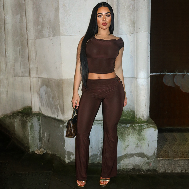 K24ST484 European and American-style Cross-border Women's Autumn and Winter Pullover Vest Button Navel High Waist Pleated Micro Horn suit