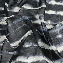 黑蓝色水墨扎染竖条纹雪纺布料旗袍汉服设计师面料