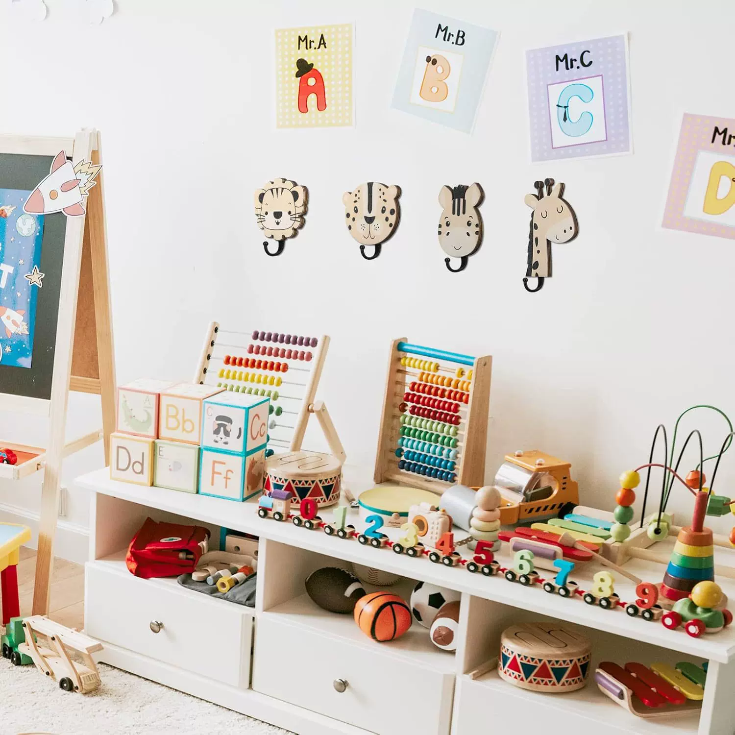 跨境热卖卡通木质动物挂钩创意儿童房墙面装饰壁挂四件套衣帽钩