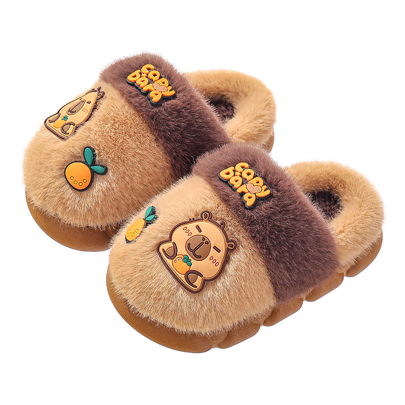 Capibara otoño y invierno zapatillas de algodón para niños, niños, niñas y niñas, calentamiento, peluche para padres e hijos, zapatos de algodón para niños, niños y niños.