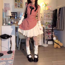 法式甜辣妹红色格子连衣裙女夏设计感拼接公主蛋糕裙收腰蓬蓬裙子