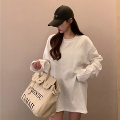 女性用白長袖Tシャツ、秋服、ゆったりとしたスウェットシャツ、インナーレイヤリングシャツ、日焼け止め無地トップス、通勤スタイル