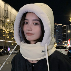 帽子围脖一体秋冬骑行防寒系带电动车护耳雷锋帽抽绳毛绒护脸帽潮