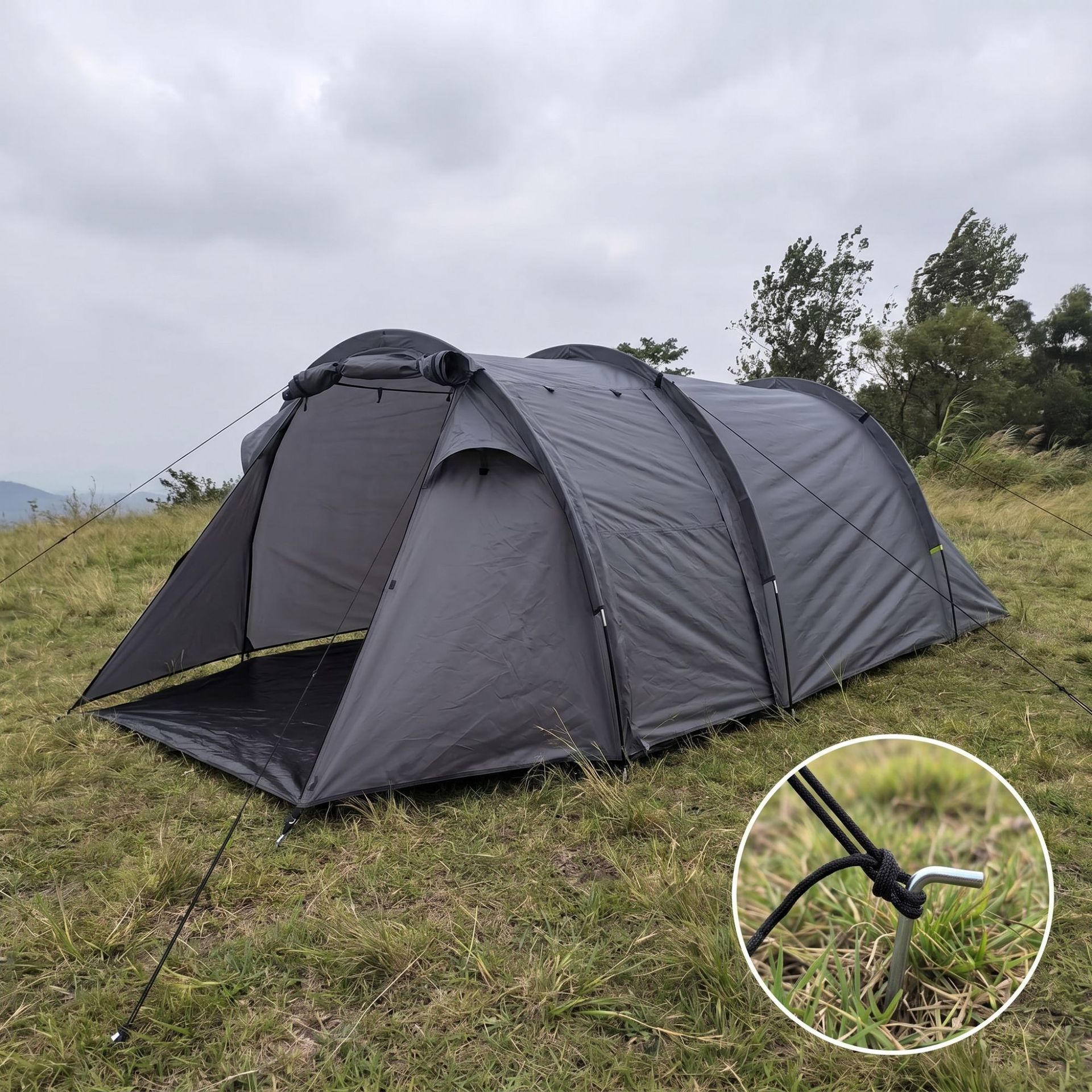Cross-Border Exclusive Supply of Tunnel Tents with Two Rooms and One Living Area, Two-In-One Canopy, Large Space for Outdoor Camping, Rainproof, Windproof, Portable