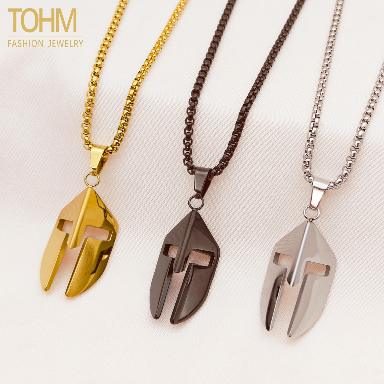 TOHM Cross-border European and American Retro Spartan Warrior Mask Mask Pendant Necklace Stainless Steel Long Sweater Chain