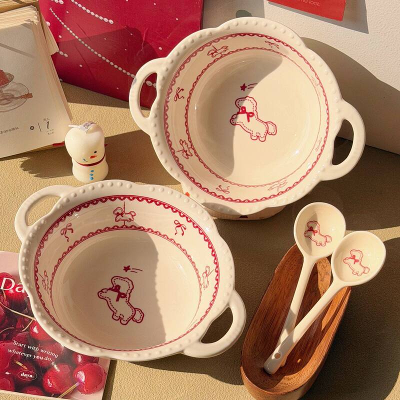 Large Carousel-Style Double-Handle Soup Bowl for Home Use, New High-Appearance Large Bowl for Soup Noodles, Instant Noodles, and Snail Noodle Soup