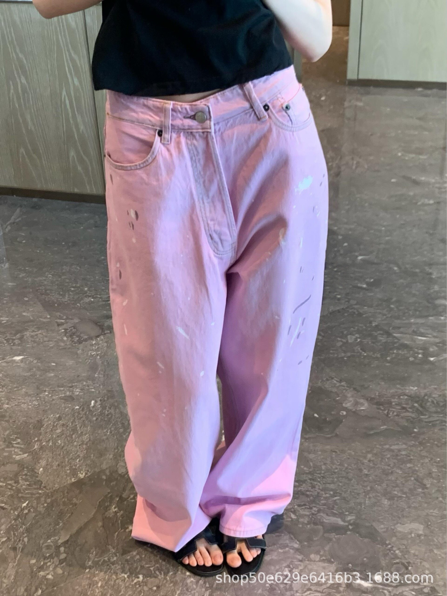 AC pink splatter-paint distressed wide-leg jeans for women, new summer style, loose straight high-waisted long pants, trendy ins style