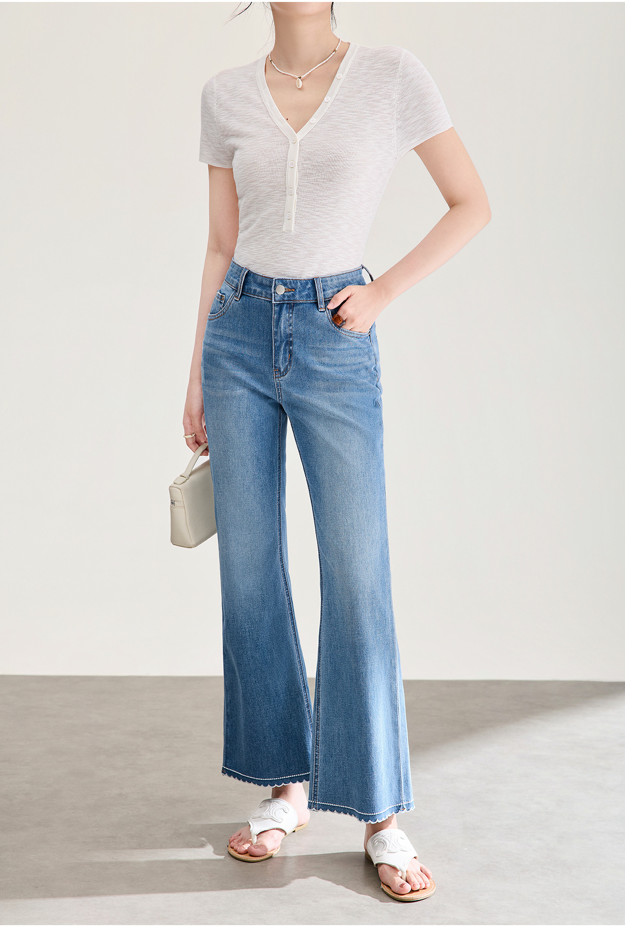 Quần jean nữ ống loe cạp cao co giãn bốn chiều vải cotton siêu mẫu — xanh lam chi tiết 2